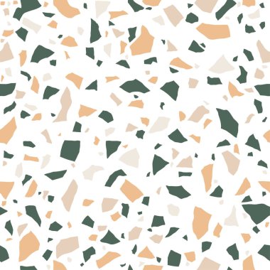 Terrazzo kusursuz desen. Mermer döşeme, cilalanmış kaya yüzeyi. Renkli taşlı beyaz arka plan. Vektör dokusu