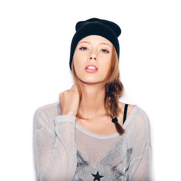 Young woman in black beanie — Stock Photo, Image