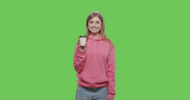 Happy woman holding paper cup — Stock Video