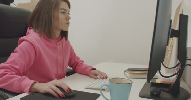 Młoda kobieta w domu Prace na komputerze — Wideo stockowe