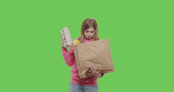 Borsa donna con cibo per la spesa — Video Stock