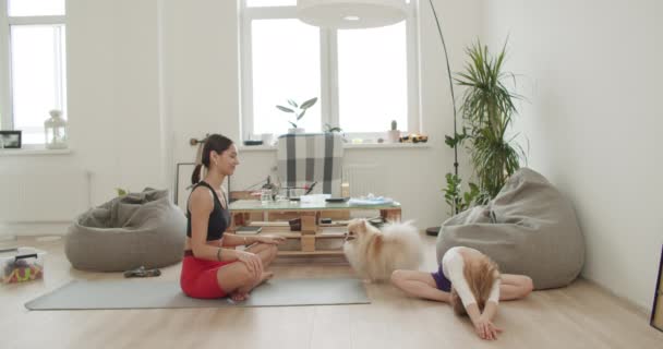 Mãe solteira meditando com filha criança — Vídeo de Stock