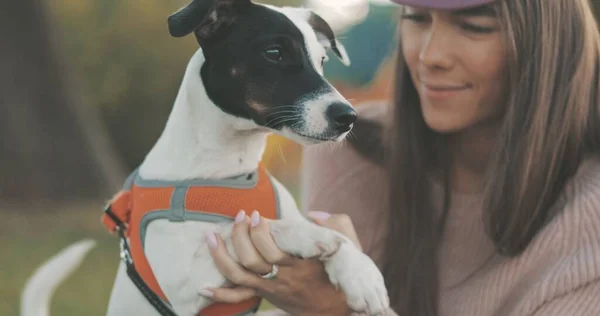 Junge Frau spielt mit Hund am Seeufer — Stockfoto