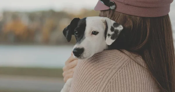 Ung kvinna leker med hund på sjön stranden — Stockfoto