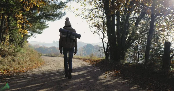 Actieve gezonde hipster vrouw wandelen in het bos — Stockfoto