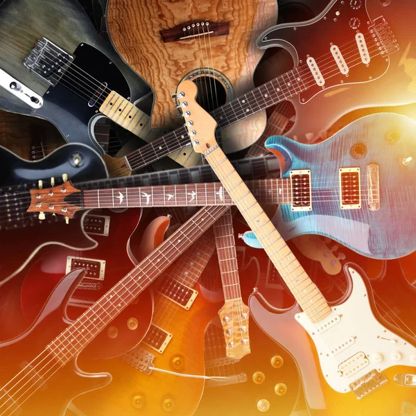 Set of electric guitars laying on each other — Stock Photo, Image