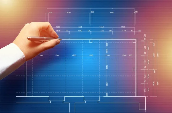 Focused caucasian  architect working at drawing touch board at office. Floor plan, busy, concentration concept — Stock Photo, Image