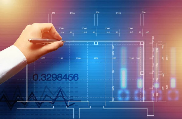 Gericht Kaukasische architect bij tekening touch board werken op kantoor. Plattegrond, drukke, concentratie concept — Stockfoto