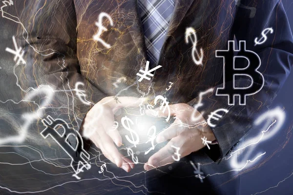 Bitcoin segno moneta digitale, denaro digitale futuristico, concetto di tecnologia blockchain — Foto Stock