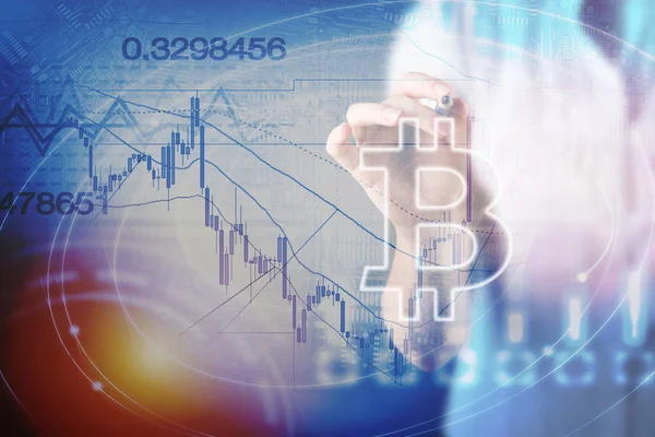 Bitcoin znak waluty cyfrowej, futurystyczny cyfrowe pieniądze, koncepcja technologia blockchain — Zdjęcie stockowe