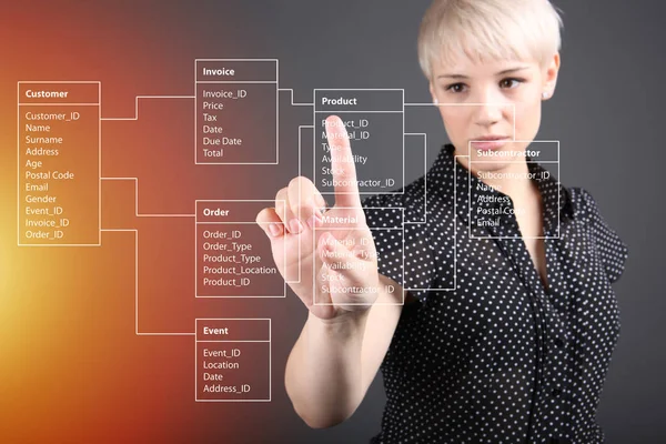 Database Table technical concept, girl pointing screen — Stock Photo, Image