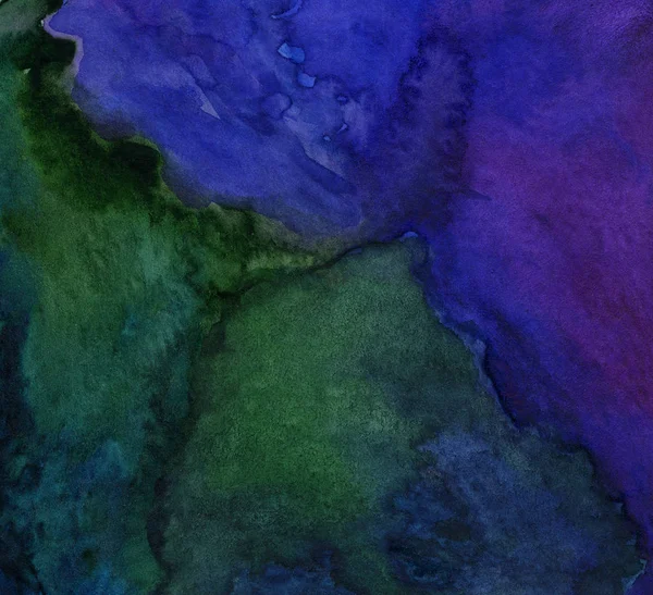 Барвиста абстрактна акварельна фарба для рук, плями з розбризкуваннями та бризками, насичені кольори синього, чорного, зеленого та фіолетового — стокове фото