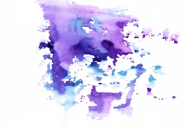 Kolorowy streszczenie sztuka akwarela ręka farby na białym tle, plamy z odpryski, odpryskami mieszane kolory niebieski i purpurowy — Zdjęcie stockowe