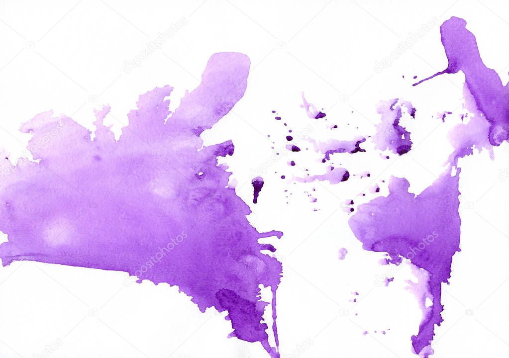 Abstract composition watercolor stain with splashes and drops of purple color. Creative colorful watercolor background for trendy design