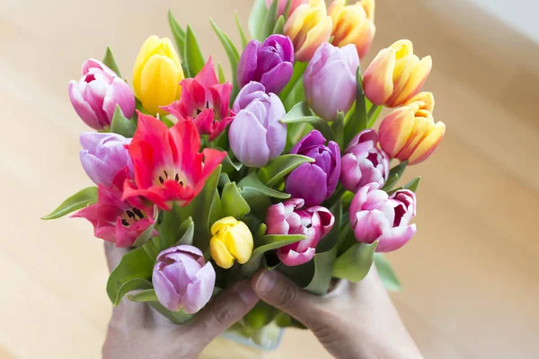 Mãos segurando um belo buquê de tulipas — Fotografia de Stock