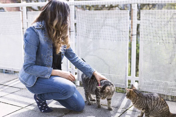 genç kadın balkonda onu kedi ile oynarken