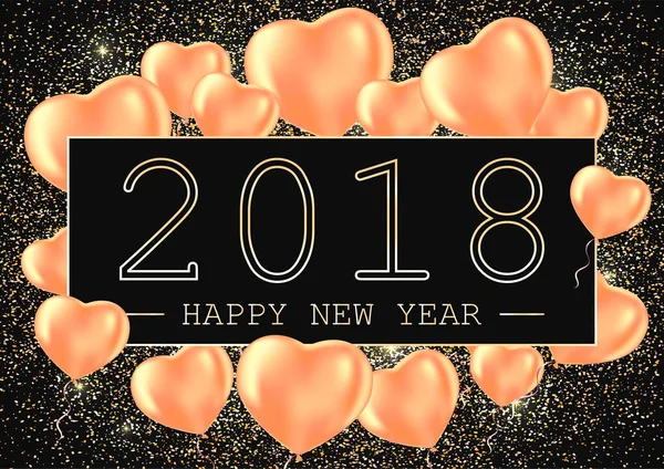 Bonne année 2018 carte de vœux ou modèle d'affiche, flyer ou invitation design. Illustration vectorielle. Paillettes dorées et ballons coeur . — Image vectorielle