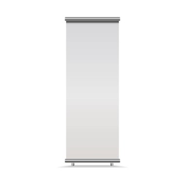 Beyaz izole dikey Roll-up banner arka plan, ön görünüm. Vektör boş gösteri ekran sunu ya sergi için sahte