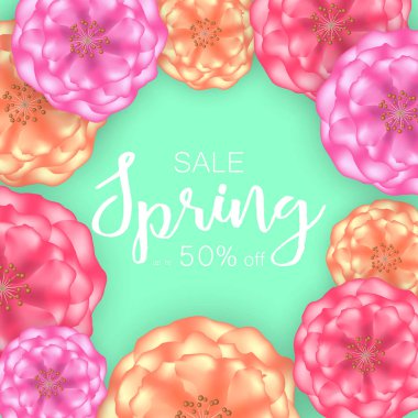Bahar satış afiş arka plan ile güzel çiçekler. Vektör çizim.