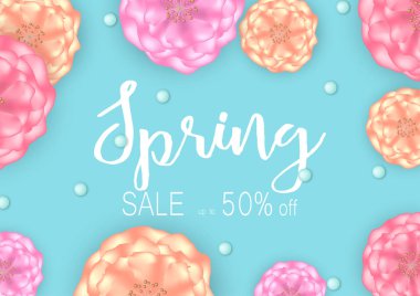 Bahar satış afiş arka plan ile güzel çiçekler. Vektör çizim.