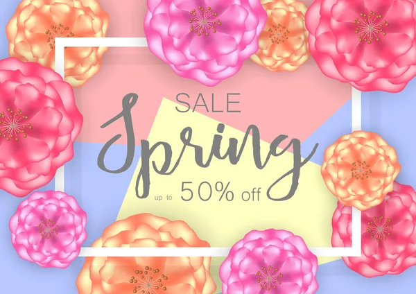 Tavaszi eladó banner háttér, gyönyörű virágok. Vektoros illusztráció. — Stock Vector