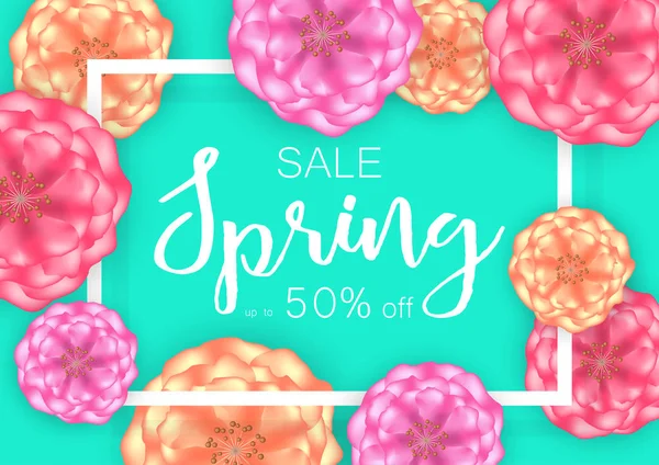 Tavaszi eladó banner háttér, gyönyörű virágok. Vektoros illusztráció. — Stock Vector