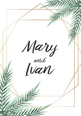 Davet düğün, yaprakları kartı davet ediyoruz. Tropikal palmiye ağacı yaprakları ile tasarım.