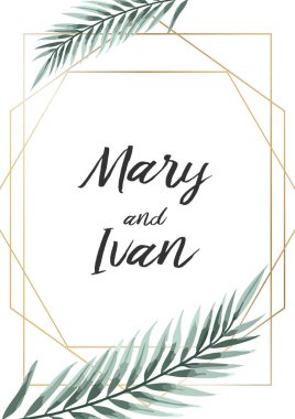 Davet düğün, yaprakları kartı davet ediyoruz. Tropikal palmiye ağacı yaprakları ile tasarım.