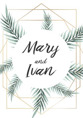Davet düğün, yaprakları kartı davet ediyoruz. Tropikal palmiye ağacı yaprakları ile tasarım.