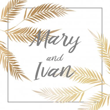 Davet düğün, yaprakları kartı davet ediyoruz. Tropikal palmiye ağacı yaprakları ile tasarım.