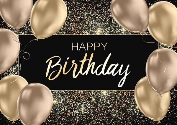 Mutlu doğum günü kartı şablonu ile altın folyo konfeti ve balon