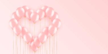 Pembe helyum balonlu yatay pankart. Metnin için boşluk içeren çerçeve kompozisyonu. Duyurmak için kullanışlı, poster, el ilanı, tebrik kartı