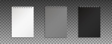 Vektör gerçekçi kapalı defter. Metalik gümüş spiral ile boş defterin taklidini yap.