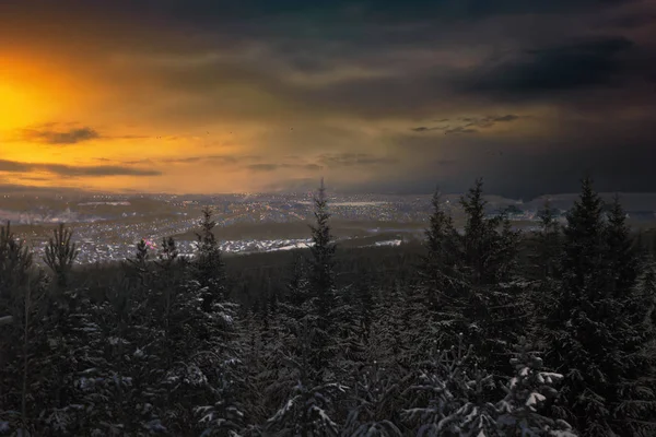 Coucher de soleil coloré dans la forêt d'hiver. Beau paysage hivernal dans les montagnes. Lever de soleil . — Photo