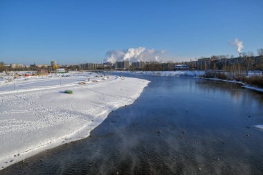 Şehir parkındaki nehirde kışı geçiren bir ördek sürüsü..