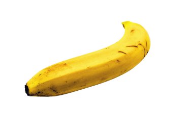 Beyaz arka planda olgun sarı bir muz. Kapat..