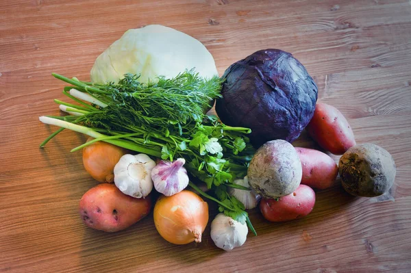 Σύνολο Από Διάφορα Λαχανικά Λάχανο Πατάτες Καρότα Κρεμμύδι Σκόρδο Μαϊντανός — Φωτογραφία Αρχείου