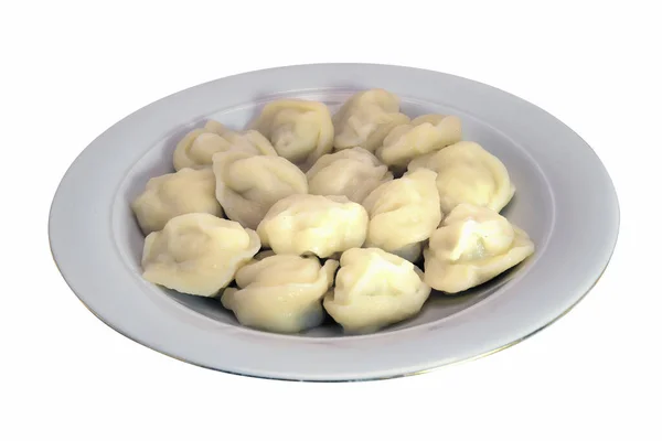 Kött Dumplings Ryska Pelmeni Ravioli Med Kött Platta Vit Bakgrund — Stockfoto