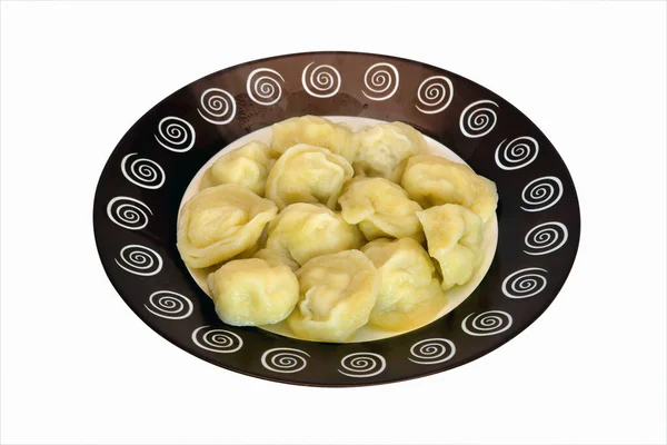 Kött Dumplings Ryska Pelmeni Ravioli Med Kött Platta Vit Bakgrund — Stockfoto