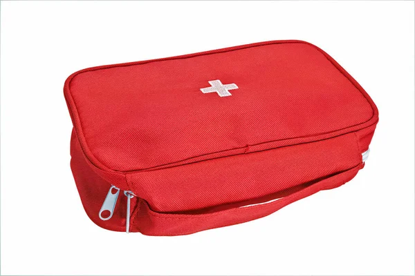 Ovanifrån Den Röda Första Hjälpen Kit Box Närbild Isolat Vit — Stockfoto