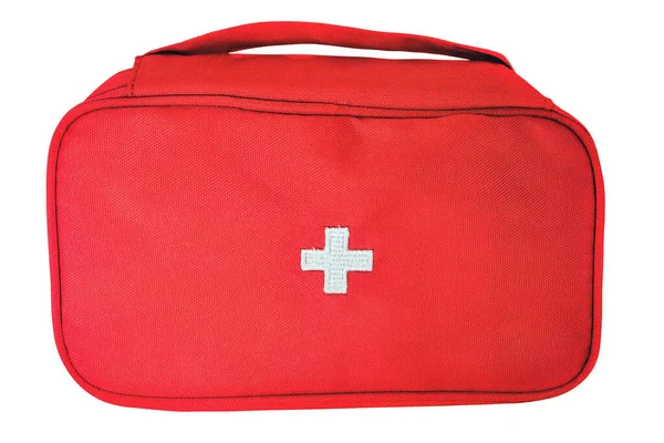 Ovanifrån Den Röda Första Hjälpen Kit Box Närbild Isolat Vit — Stockfoto