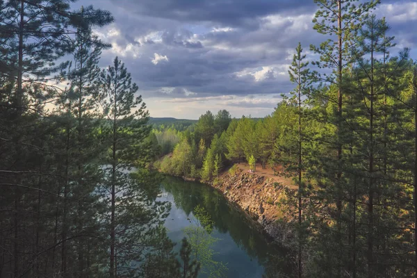 曇り空の下 山のある森に囲まれた湖の風景 — ストック写真