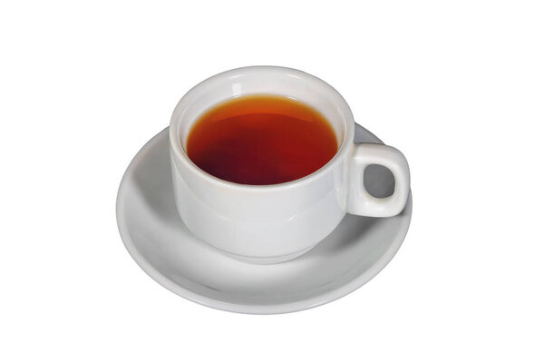 White cup with black tea on a white saucer on a dark background. A cup of tea in saucer on top of dark textured table.