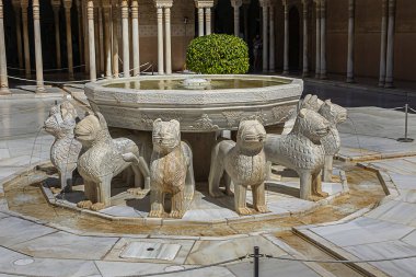 Granada, İspanya - 5 Haziran 2018: Aslanlar Sarayı (Patio de los Leones, 1391 Ad) - tarihi Alhambra Sarayı ve Endülüs 'teki kale kompleksindeki Nasrid Sarayı' nın (Palacios Nazaries) bir parçası.