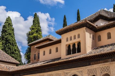 Granada, İspanya - 5 Haziran 2018: Aslanlar Sarayı (Patio de los Leones, 1391 Ad) - tarihi Alhambra Sarayı ve Endülüs 'teki kale kompleksindeki Nasrid Sarayı' nın (Palacios Nazaries) bir parçası.