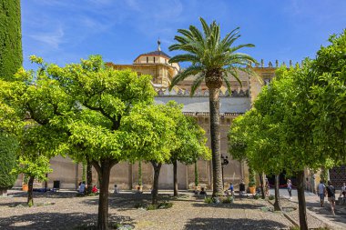Cordoba, İspanya - 3 Haziran 2018: Cordoba Camii-Katedrali 'nin (Mezquita-Katedral de Cordoba) avlusu, Cordoba veya Mezquita' nın Büyük Camii (785 yılından itibaren) olarak da bilinir.. 