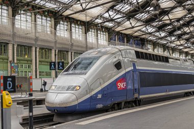 Paris, Fransa - 30 Mayıs 2019: Paris-Gare-de-Lyon 'daki yüksek hızlı Fransız treni (veya Gare de Lyon - Lyon İstasyonu, 1849), Paris' teki yedi büyük tren istasyonundan biri, Avrupa 'nın en yoğun tren istasyonlarından biri..