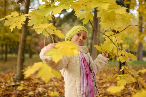 Kleines Mädchen Spielt Mit Blättern Herbstpark — Stockfoto