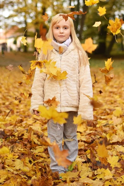 Menina Brincando Com Folhas Parque Outono — Fotografia de Stock