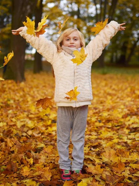 Kleines Mädchen Spielt Mit Blättern Herbstpark — Stockfoto